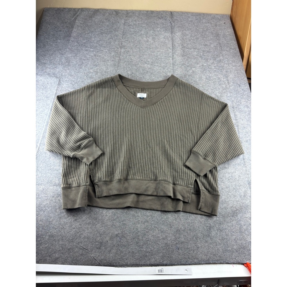American Eagle Waffle Knit V-Neck Thermal Top Brown Cozy Athleisure Oversized L